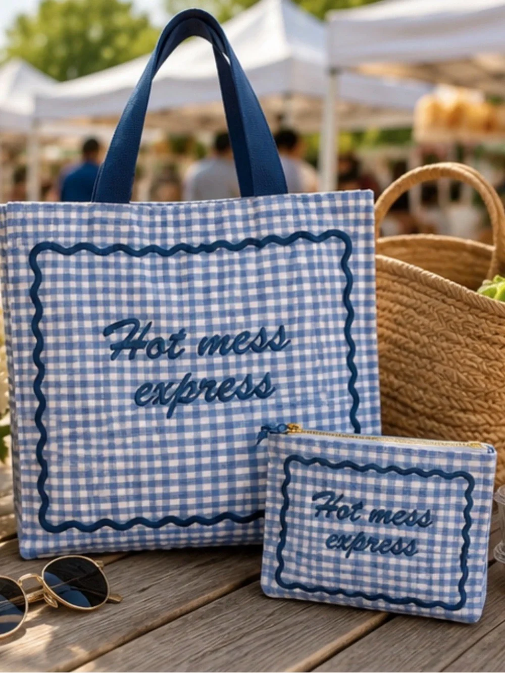 Lady Delaney | Blue Gingham Embroidered 'Hot Mess Express' Tote Bag Set - Picture 1 of 14